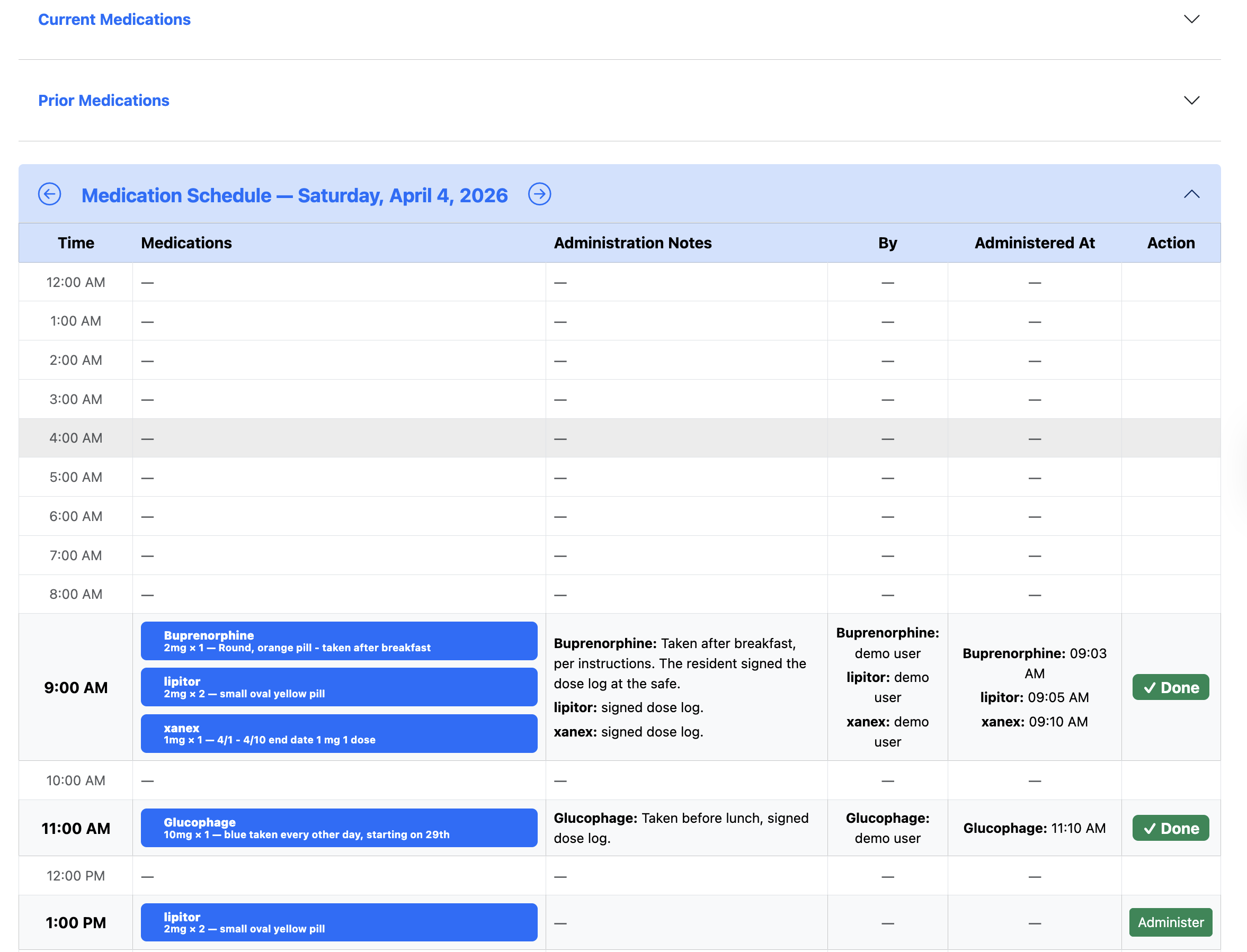 Medication tracking dashboard in ecovery software